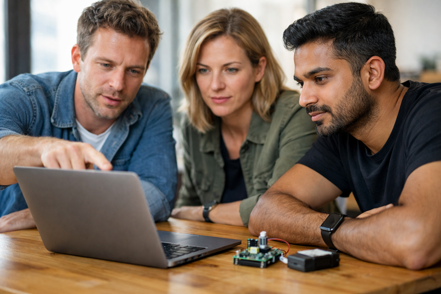 Founders sharing ideas around a laptop