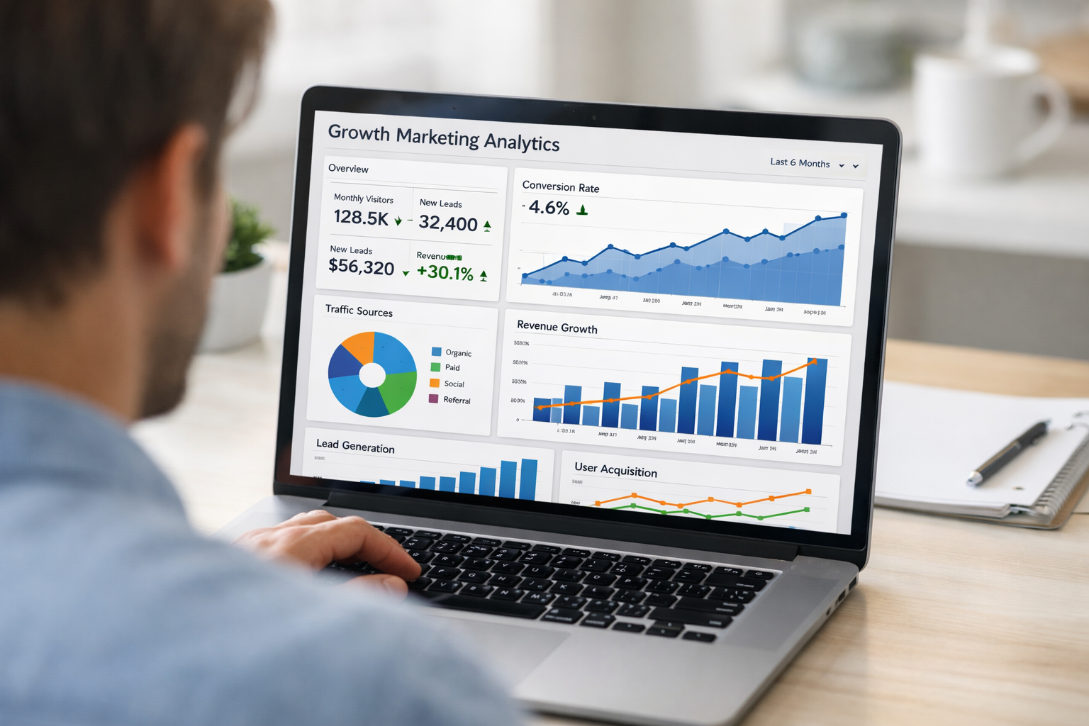 Growth marketing dashboard on a laptop screen