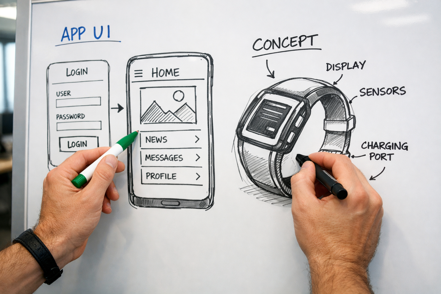 Sketching an app idea on a whiteboard